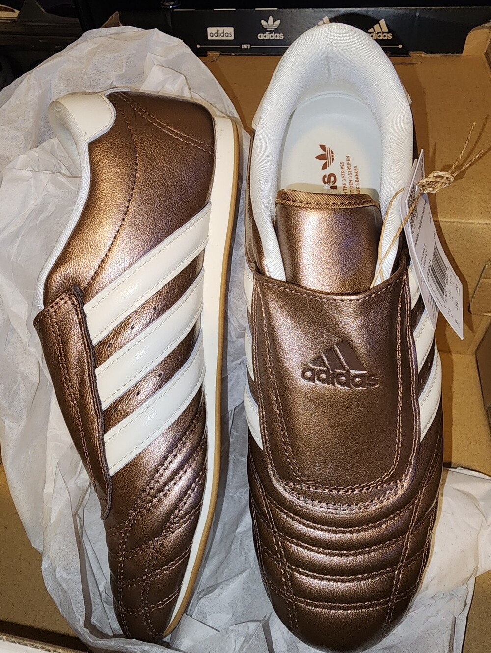 Size 9 Adidas Metallic Bronze Slip-On Sneakers with White Stripes
